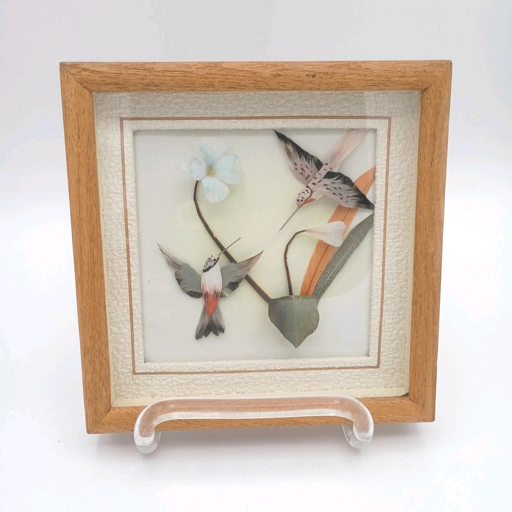Vintage Framed Feather Art Hummingbirds & Flowers Bird Nature Scene